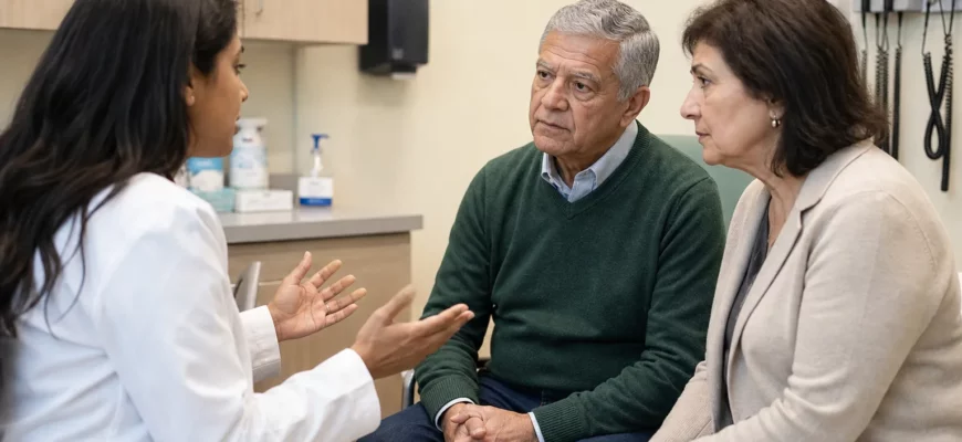 Врач объясняет паре место нового анализа крови в полной диагностике